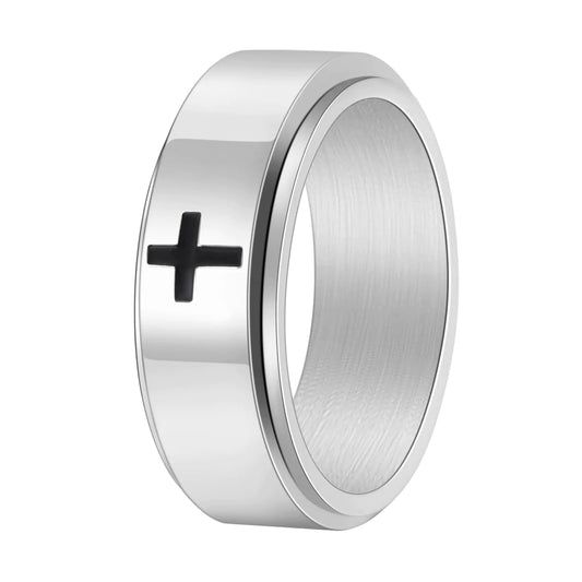 Nanafast 8mm Cross Anxiety Fidget Rings for Men Women Stainless Steel Spinner Rings Rotatable Classic Cross Christian Ring Vintage/Silver/Black/Gold Band Rings Jewelry Gift Cross Promise Ring-Silver7